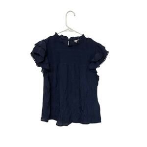 NANETTE LEPORE Flutter Sleeve Navy Blue Top Size Medium Ruffle Neck